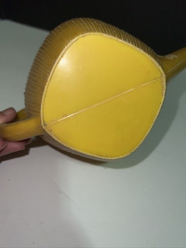 Vintage MCM Hard Yellow Plastic Watering Can Hand Painted Flowers, Leaves on Top - Picture 9 of 12