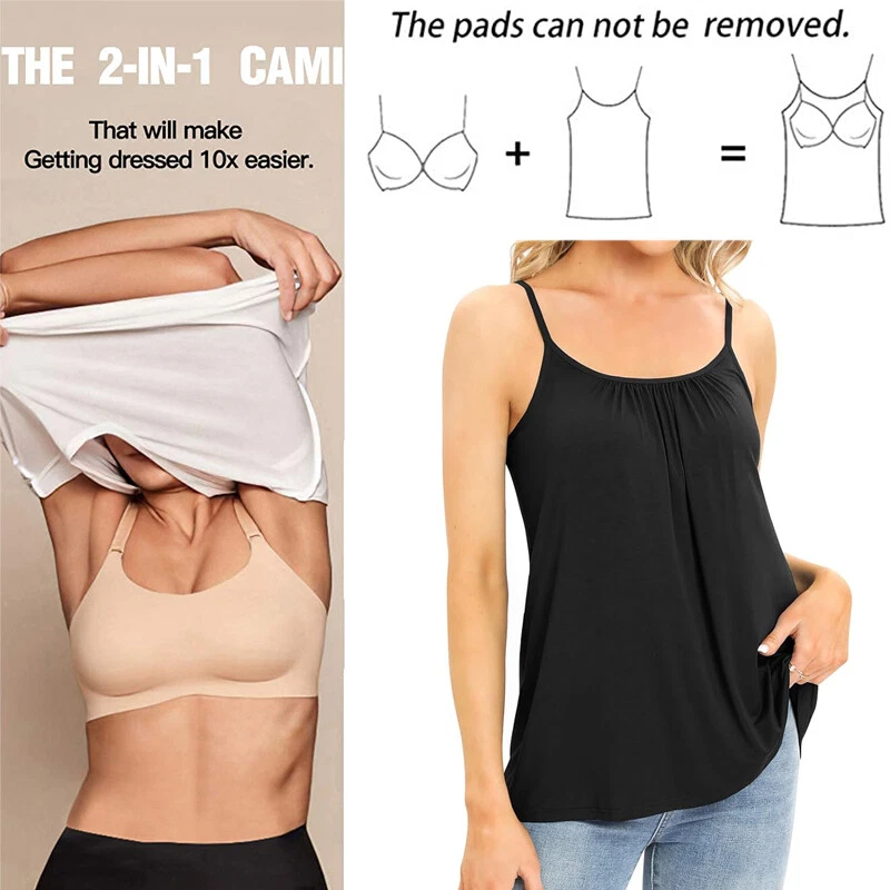 Women Summer Camisole with Built in Bra Flowy Shelf Bra Tank Tops Padded Cami US - Image 3 of 4