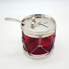 Drum Form Jam Jar Cranberry Glass Blackinton Sterling Silver