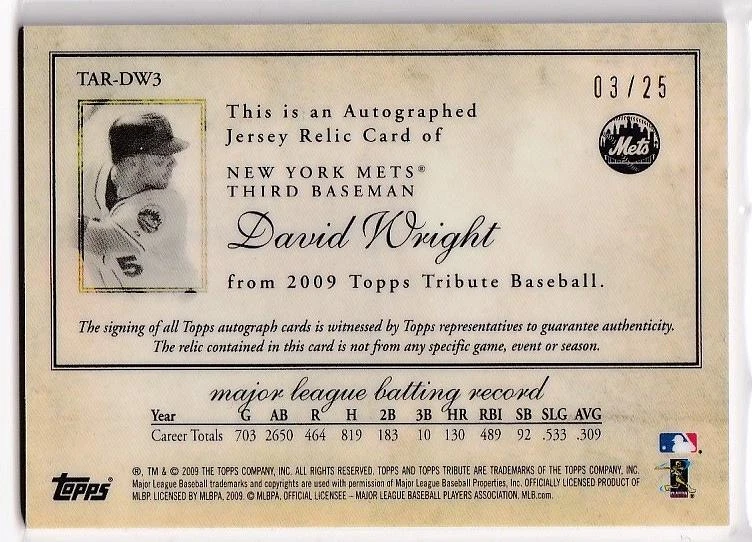 ☆新春福袋2022☆ RELICS TRIBUTE TOPPS 2009 Wright David RED 直筆