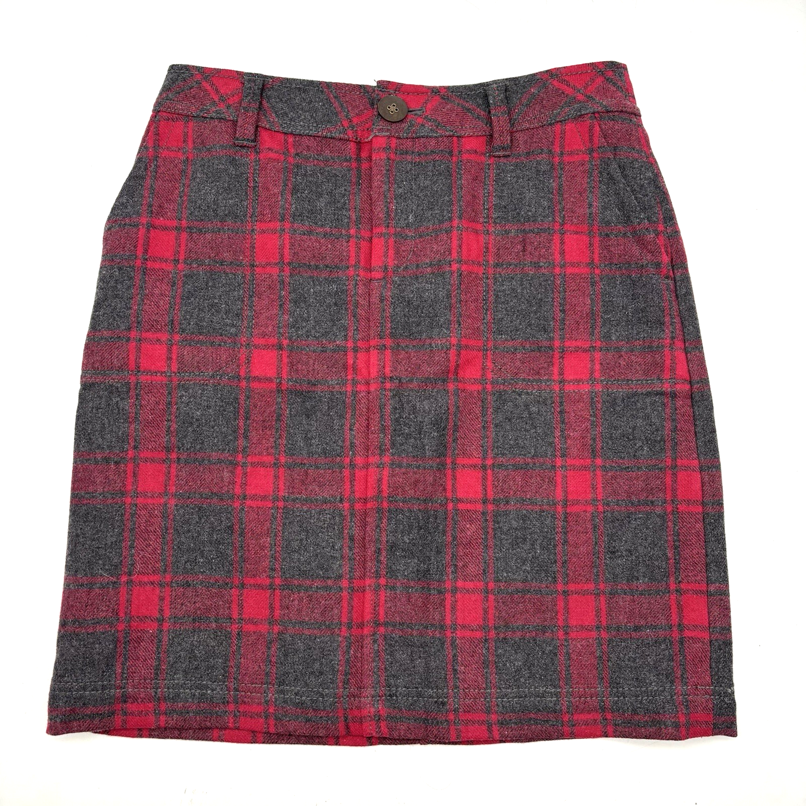 2008 Eddie Bauer Wool Blend Red & Grey Plaid A-Line Skirt Size 2P 28x19.5 Mid Rise