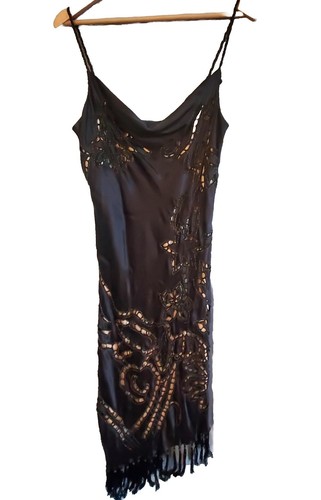 Vtg 90s Cache Fairy Glam Grunge Dress Beaded Sequin Tasseled Spagetti Sz 12 - Picture 4 of 17