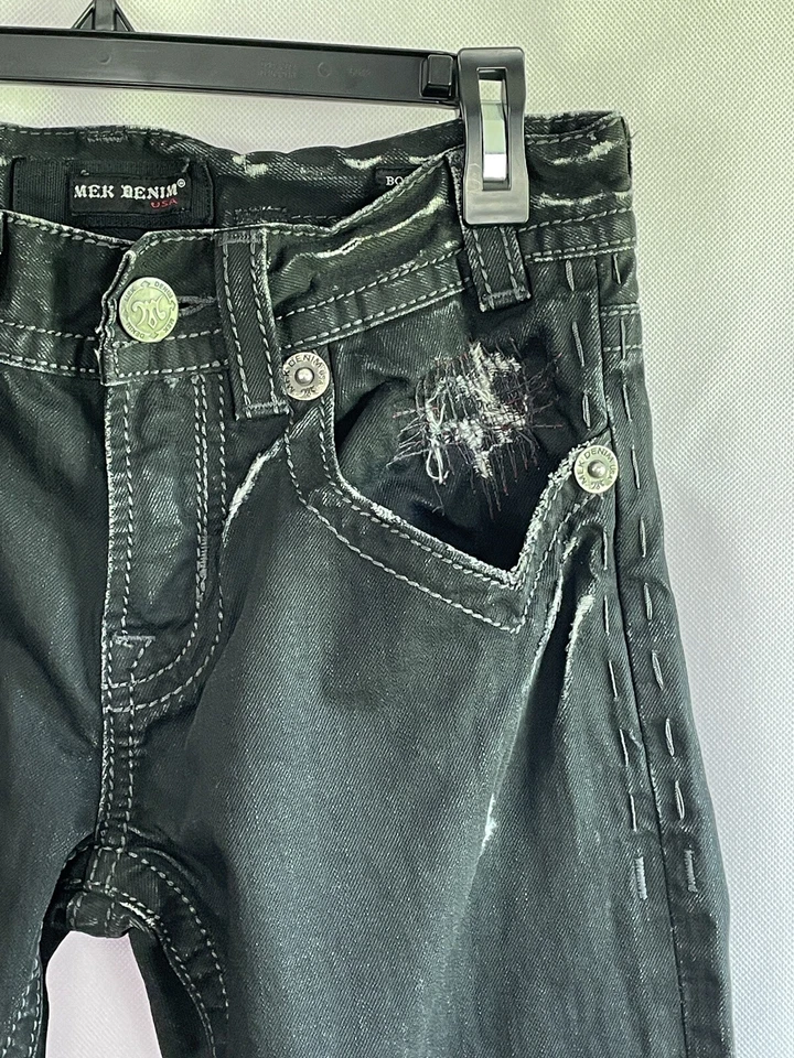 Jeans masculino vintage anos 90 Mek 29x34 preto desgastado destruído desbotado desgastado rasgado B2 - Imagem 3 de 4