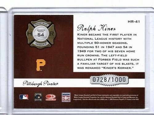 2005 Donruss Classics Home Run Heroes 728/1000 Ralph Kiner #HR-41 HOF - Picture 2 of 2