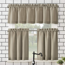 Taupe Microfiber Semi-Sheer Kitchen Curtain Valance  Tiers Set, 54"x36