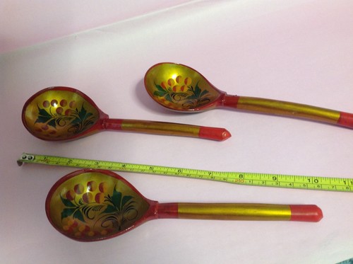 Vintage Russian Khohloma Lacquered 3 Wooden Spoons Red Orange Berries Gold Green - Picture 3 of 7