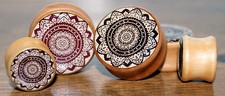 WOOD MANDALA FLOWER EAR PLUGS DOUBLE FLARE LOBE TUNNEL STRETCHERS
