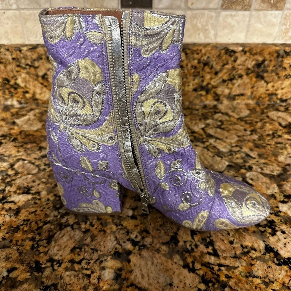 DRIES VAN NOTEN фиолетовый цветочный парчи блок каблука лодыжки загрузки sz 36 1/2 США 6 новый - Изображение 2 из 4