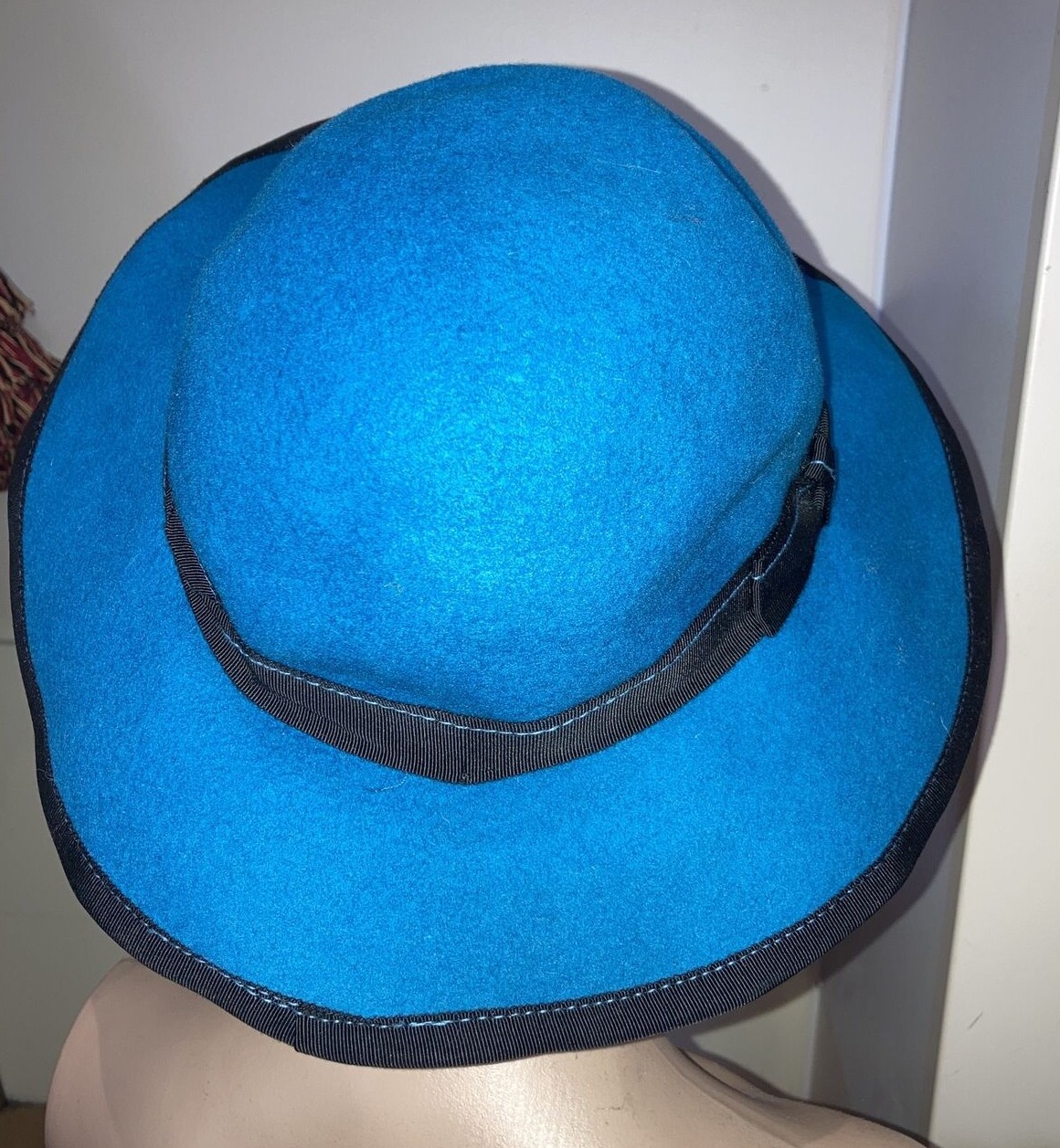 Peekaboo Vintage Topshop/Bermona Trend Petrol Blue Felt Hat, Band & Bow, Size M 4
