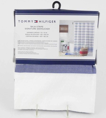 Tommy Hilfiger Baja Stripe Shower Seersucker Curtain White and Navy Blue 72 x 72 - Picture 3 of 3