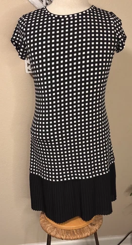 Abito donna MICHAEL KORS nero bianco a quadri plissettato manica corta taglia US Medium