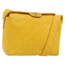 Chanel Vintage Cc Fold Over Shoulder Bag Quilted Lambskin Yellow Leather