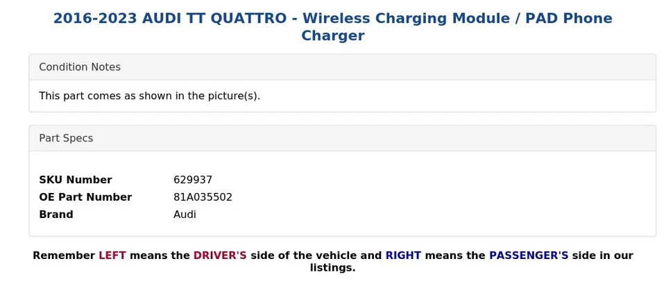 AUDI TT QUATTRO 2016-2023 - Módulo de carga inalámbrica/cargador de teléfono PAD Foto 4 de 4