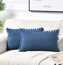 Set of 2 Dusty Blue Lumbar Decorative Throw Pillow Covers 12x20 Inch with Pom...
