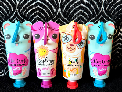4pk WISH FUN ANIMAL CLIP-ON RASPBERRY + PEACH + COTTON CANDY HAND CREAM LOTIONS