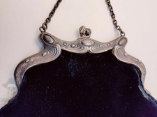 Antique Art Nouveau Solid Sterling Silver  Cobalt Felt Purse  English Leather