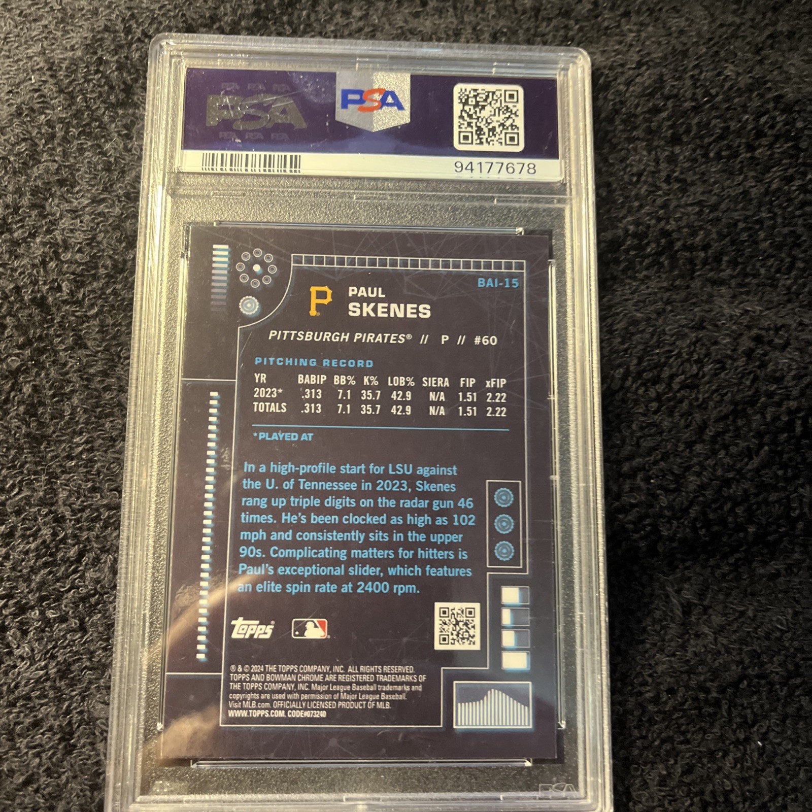 2024 Bowman Chrome Paul Skenes #BAI-15 Artificial Intelligence PSA 9 - Pirates view 3