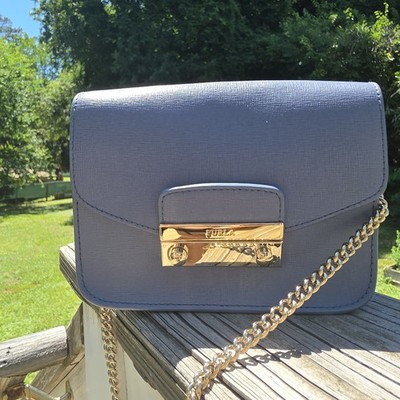 $399. Furla Metropolis Mini Leather Crossbody Azzurro Blue Gold
