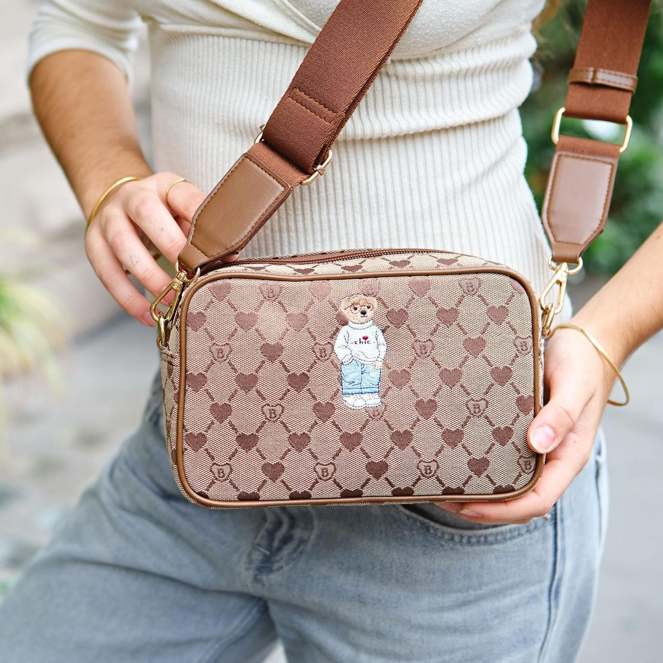 Womens Brown Crossbody Bag Bear Monogram Pattern Teddy Travel Camera Handbag