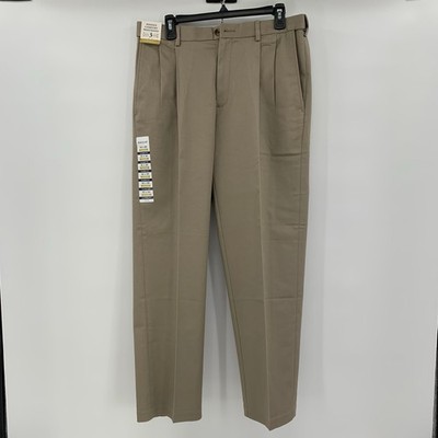 Haggar Iron Free Premium Khaki Pants Mens 32x30 Classic Fit Tan Pleated Front