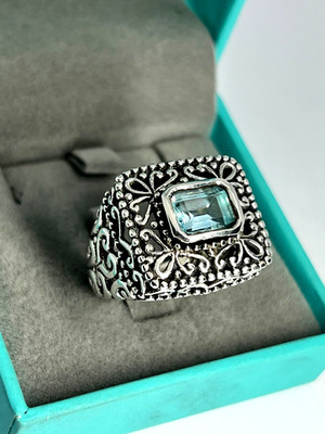 Vintage BARSE Blue Topaz ring size 8 1/2 925 Sterling silver ornate ottoman EUC