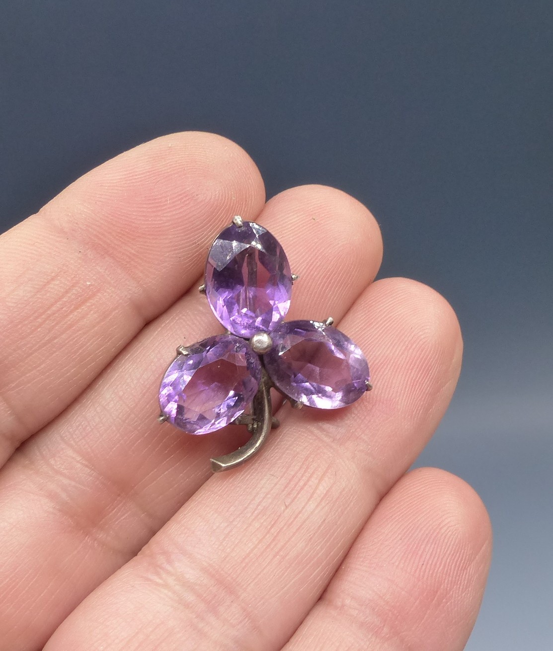 Antique Solid Silver and Amethyst Clover Brooch -… - image 1