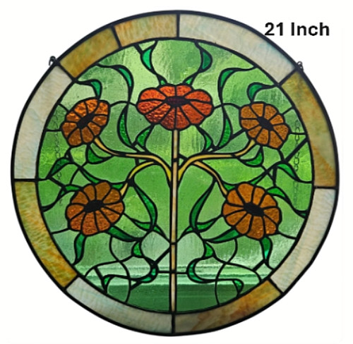 Vintage 21" Round Stained Glass Panel: Floral, Textured, Streaky, Large No Flaws