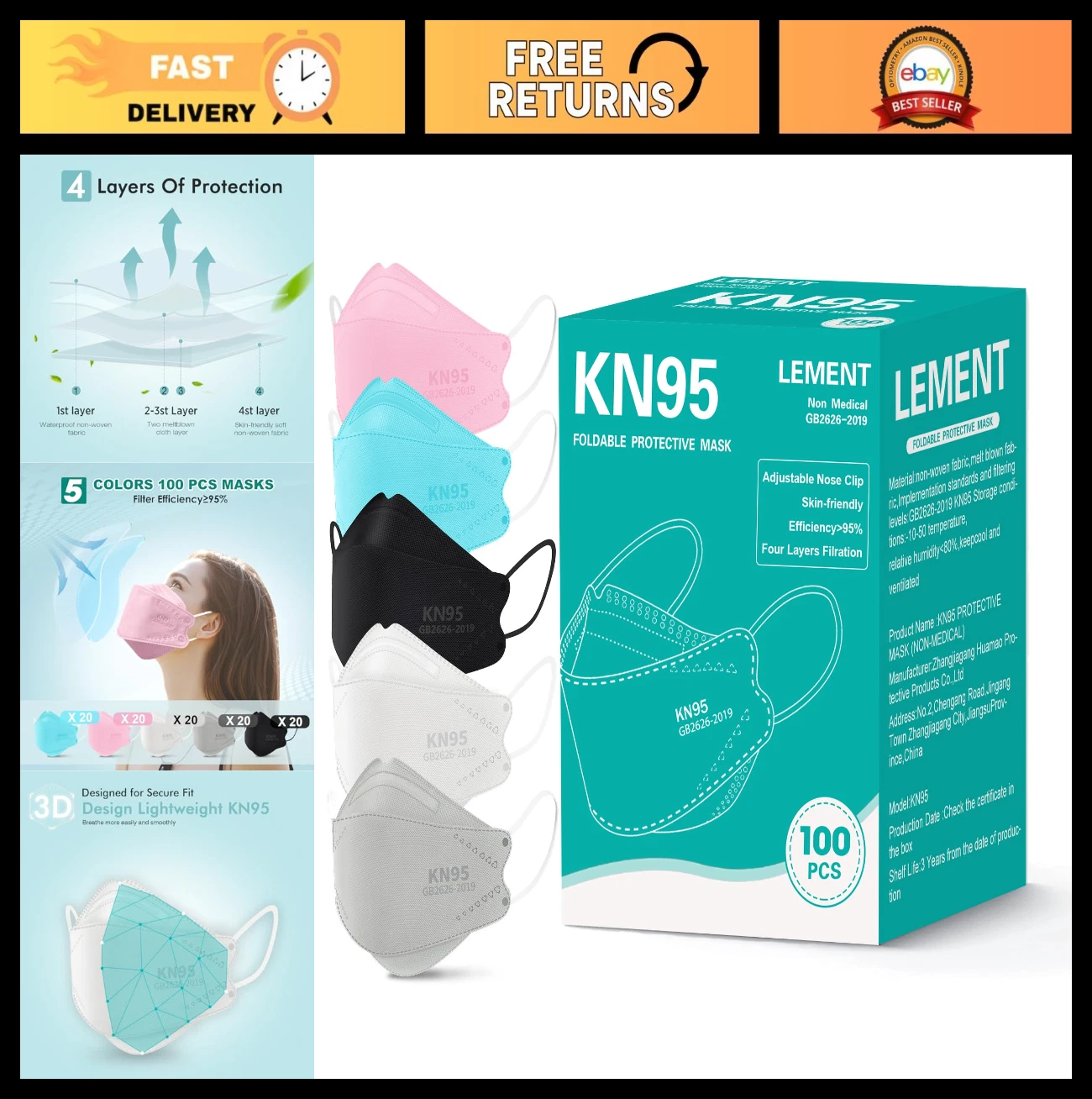 100 Pack KN95 Face Masks - Breathable, Comfortable, Disposable, 95% Filter Effic