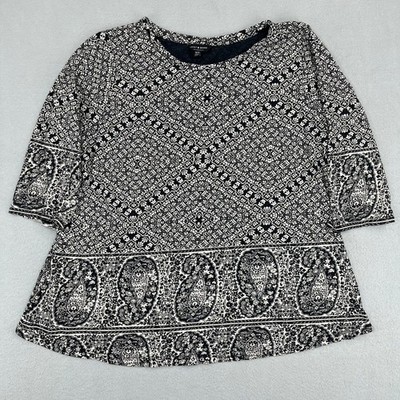 Lucky Brand Womens 1X Black White Paisley Geometric Tile Print 3/4 Sleeve Top