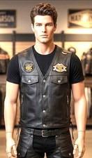 UNIK Premium Leather Motorcycle Vest Mens XL Harley Davidson Patches Pin
