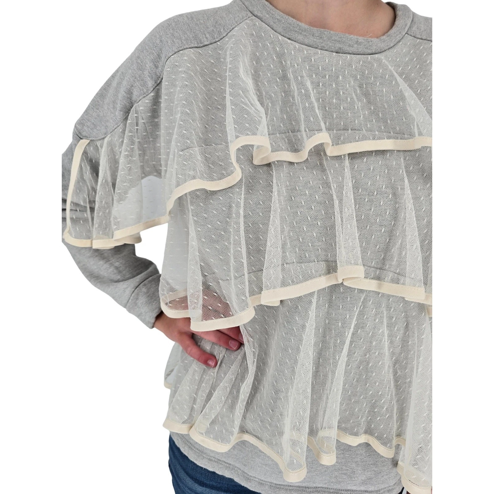 OFF WHITE Felpa girocollo Chelsea 28 donna taglia M pizzo a strati davanti grigio panna