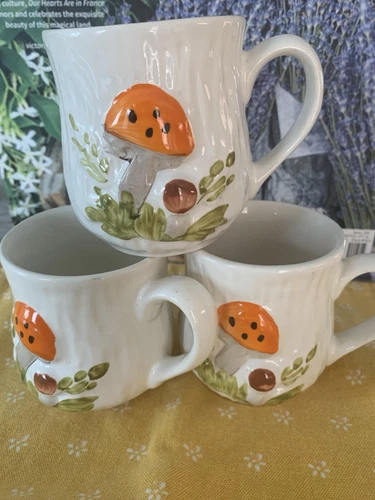 3 Vintage Retro Mushroom Coffee Mugs