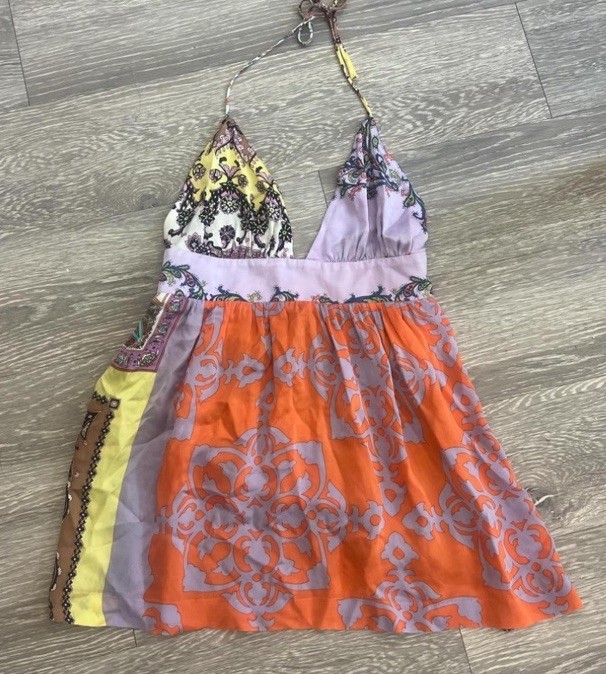 Vibrant multi-coloured patchwork halter 100% silk… - image 3