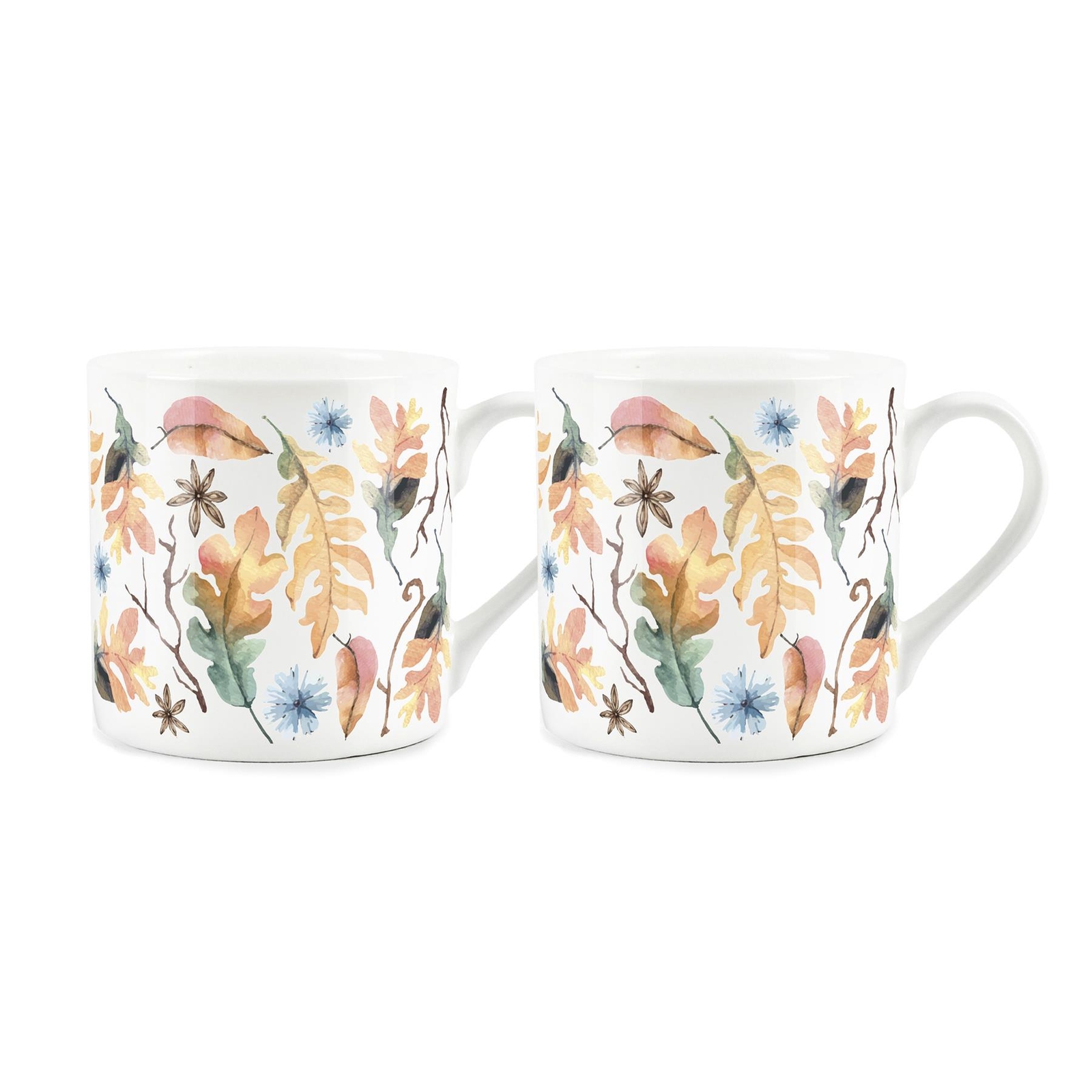Watercolour Autumn Leaves Mugs - Seasonal Present/Gift Bone China Cups Set of 2