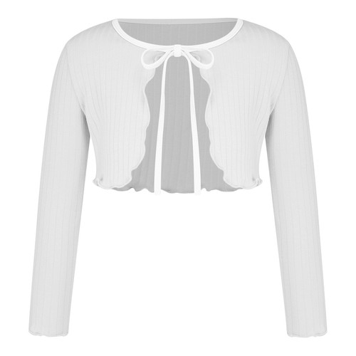 Girls Crop Top Ruffled Shrugs Dance Cardigan Warm Up Jacket Ribbed Bolero Yoga - Picture 22 of 66