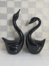 Vintage Hallmark Crowning Touch * Black Glass Swans * Pair * 6" & 5" 0141