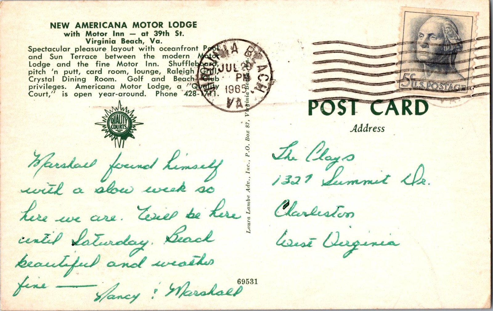 1965 Vintage Postcard New Americana Motor Lodge Virginia Beach eBay