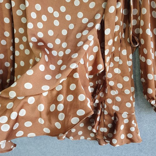 By Johnny Brielle Dress Sz 8 Brown Polka Dot Long Sleeve Satin Wrap Mini Party - Picture 7 of 13