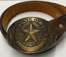 The State of Texas Lone Star Brass Belt Buckle with Brown Belt Southwestern