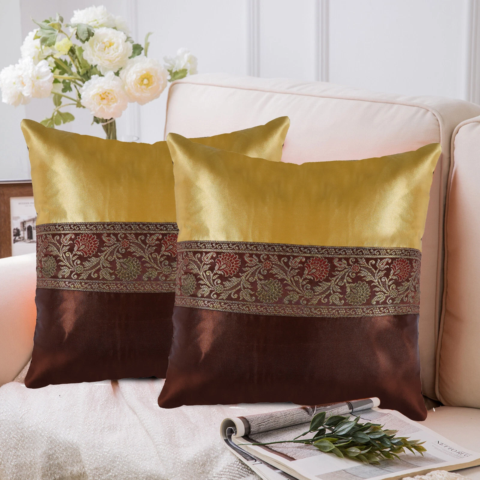 Yellow & Brown Silky Satin Cushion Cover Throw Pillow Cover 16x16 (2 Pc)