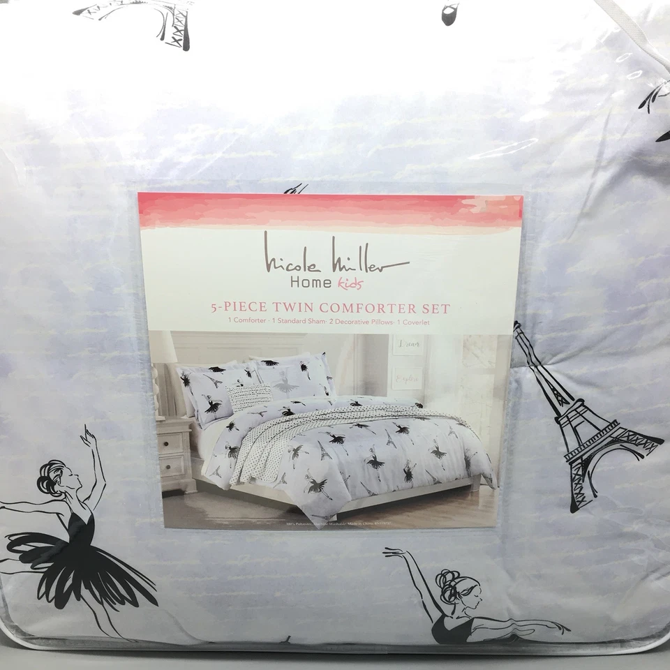 Juego de edredón doble bailarina Nicole Miller lavanda Torre Eiffel negro 5 piezas Foto 4 de 4