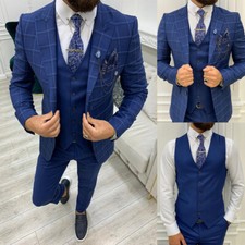 Men Blue Plaid 3 Piece Suit Slim Fit Notch Lapel Wedding Business Party Suit Set