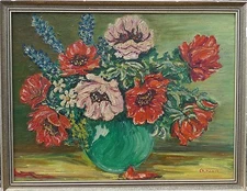 IMPRESSIONIST -FLOWER STILL LIFE -POPPY AND GREEN VASE -FLOWERS 