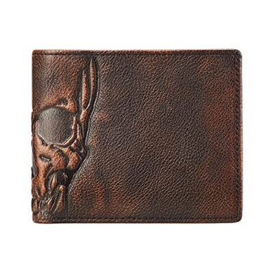 Men Minimalist Skull Leather Bifold Wallet with ID Window for Husband Boyfriend