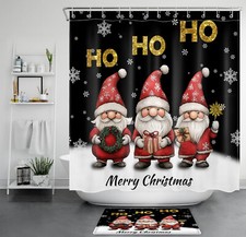 Red Christmas Gnome on Black and Gold Shower Curtain Set for Bathroom Decor