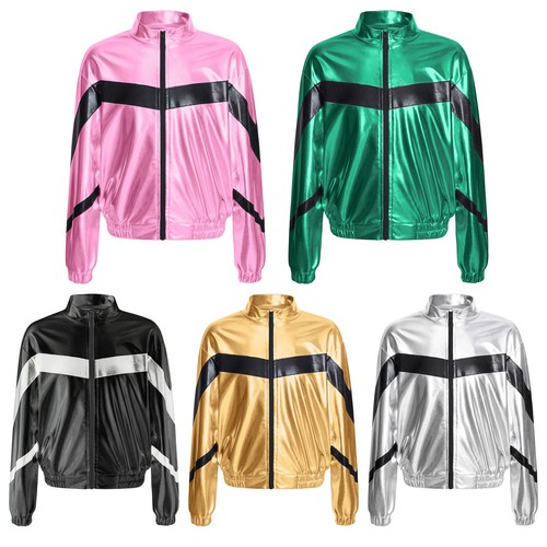 Kids Girls Outwear Zipper Coat Jazz Jacket Metallic Dancing Tops Soft Top Shiny - Picture 4 of 53