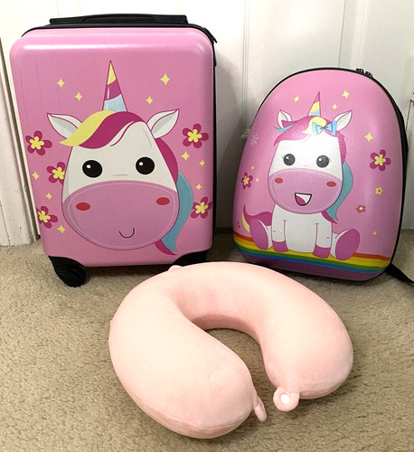 Mädchen Einhorn Handgepäck Koffer Rollgepäck mit Rucksack & Reisekissen