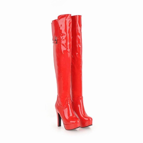 Women Platform Block Heel Side Zip Over The Knee Boots Patent Leather Club Shoes - Picture 10 of 20