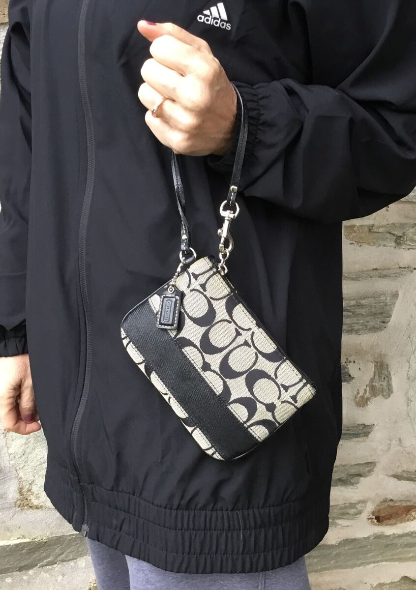 Vintage COACH Corner Zip Signature Logo Jacquard Black Strip Vintage COACH Corner Zip Signature Logo Jacquard Black Strip