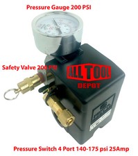 25 Amp Pressure Switch set 4 Port 140-175 PSI w/ Gauge w/ Safety valve